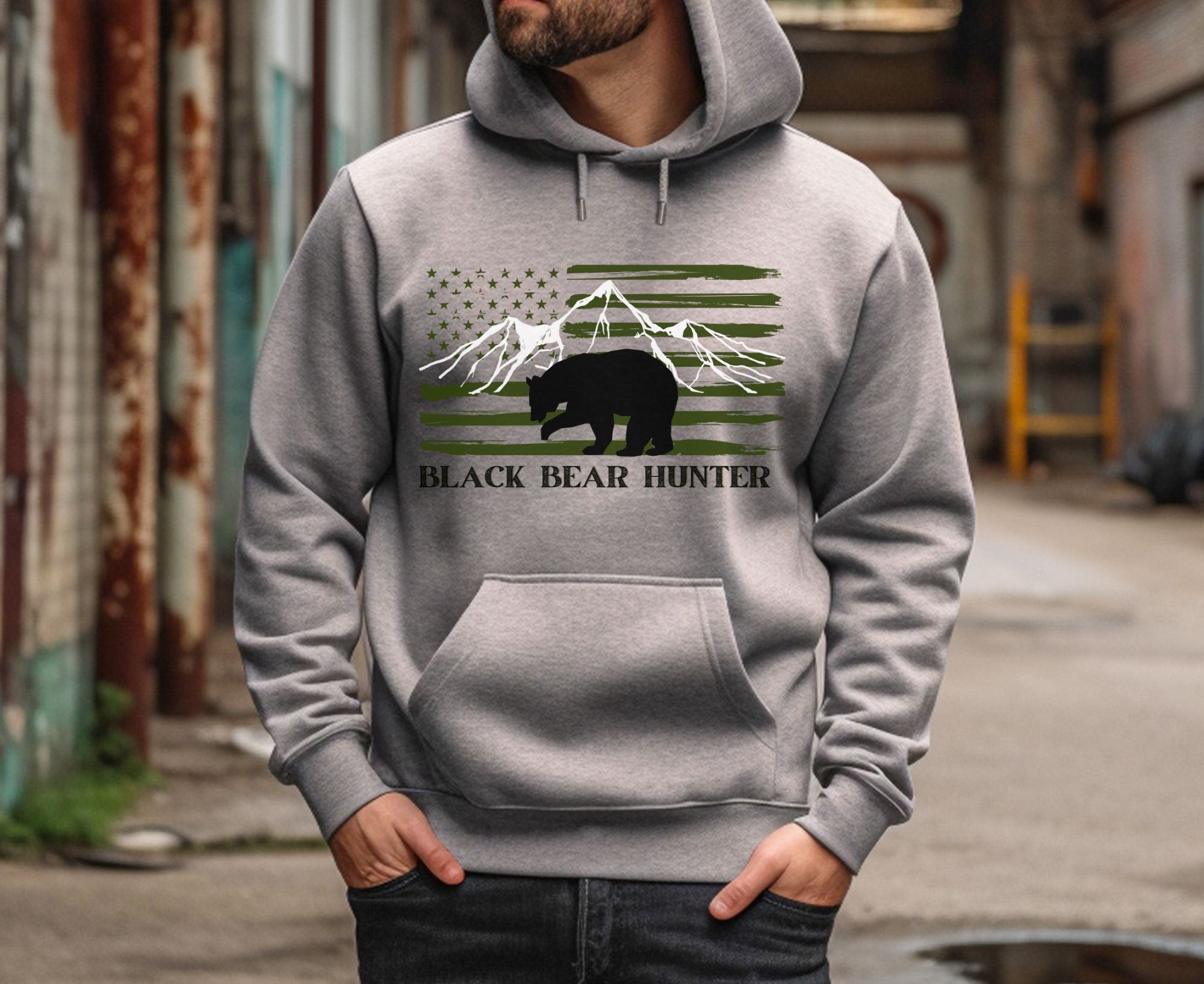 American Flag Black Bear Hunter Hoodie JA Mountain Life